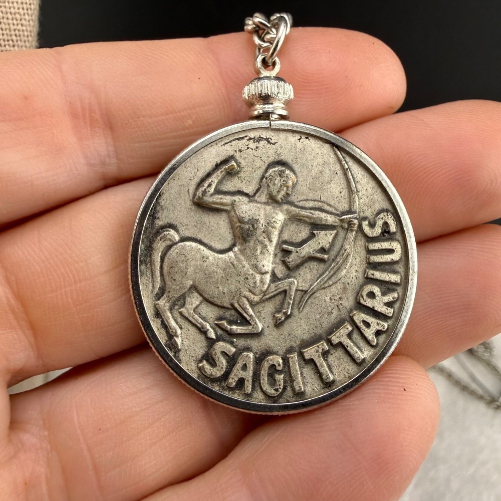 Vintage Sagittarius Horoscope Necklace Zodiac Silver Tone 25”